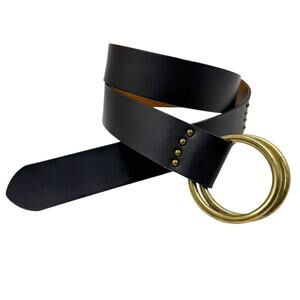 Chaps Vtg 90s Black Leather Double O Ring Belt Studs Western Minimalist Boho L